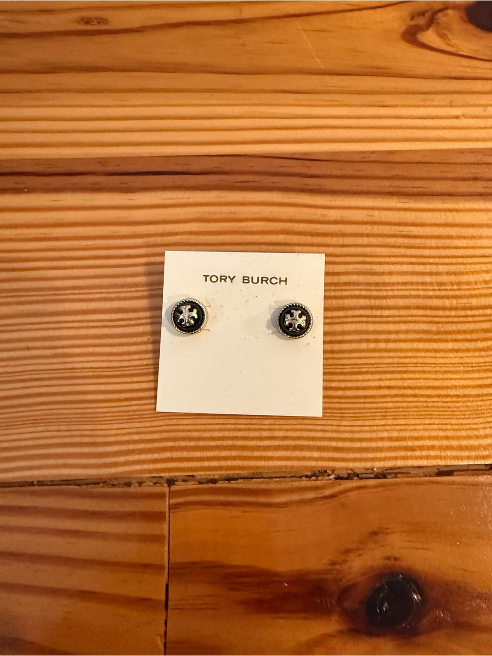 Tory Burch Black and Silver Logo Stud Earrings